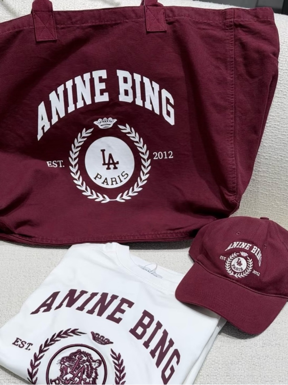 Anine Bing Leo collegiate canvas tote bag Burgundy NEW
